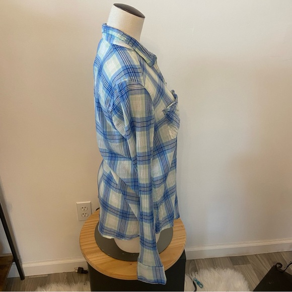 Women's Juniors Blue Plaid Beach Boho Hollister Sheer Roll Sleeve Shirt Sz Lg - Picture 3 of 7